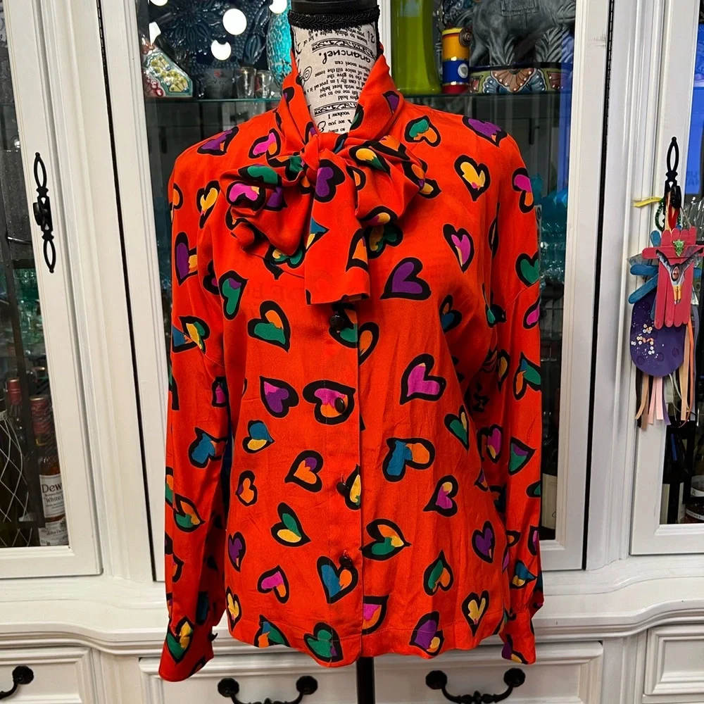 Vintage Escada Red Heart Print Blouse with Neck Bow 34 S - Picture 1 of 16